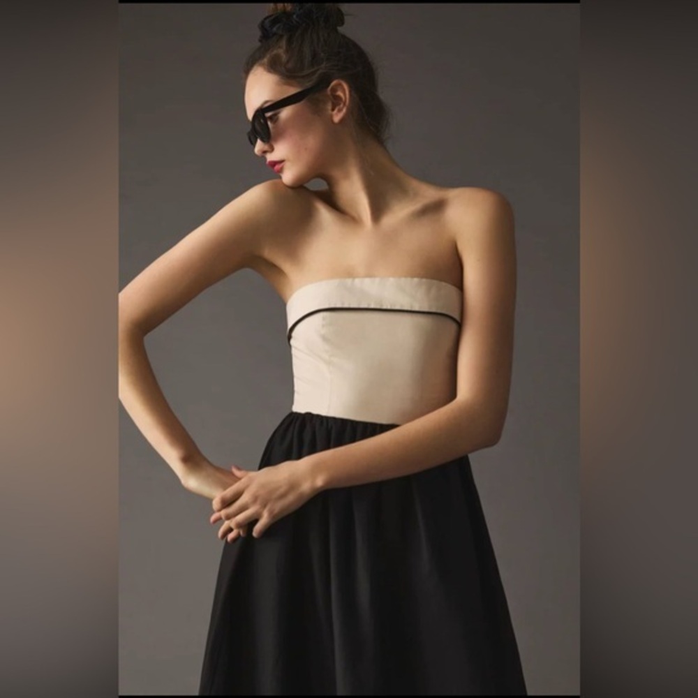 New Strapless Two Tone Linen Blend Midi Dress